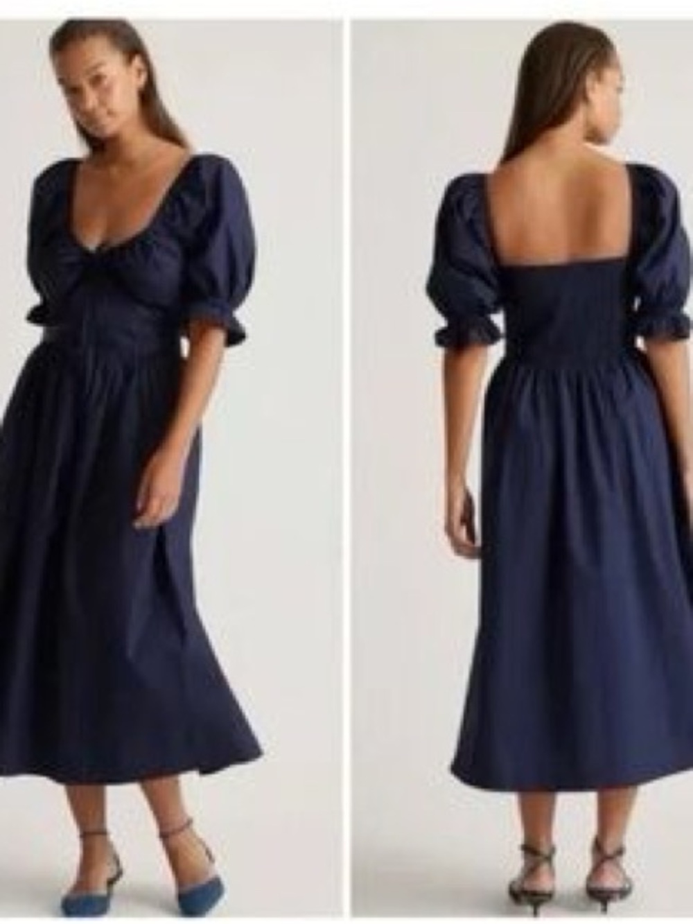 NWT✨ Quince 100% Organic Cotton Puff Sleeve Midi Dress Navy M
